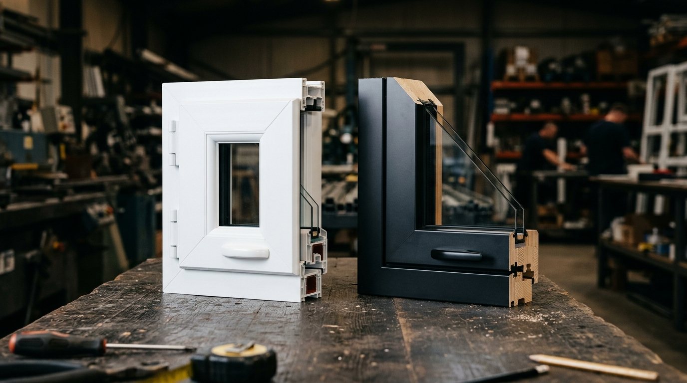 PVC and hybrid profiles side by side on a workbench
