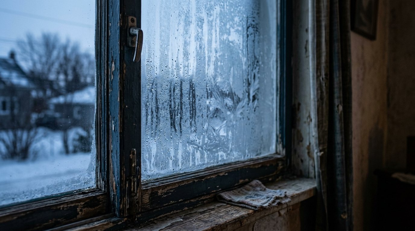 Condensation and frost on an old window in winter
