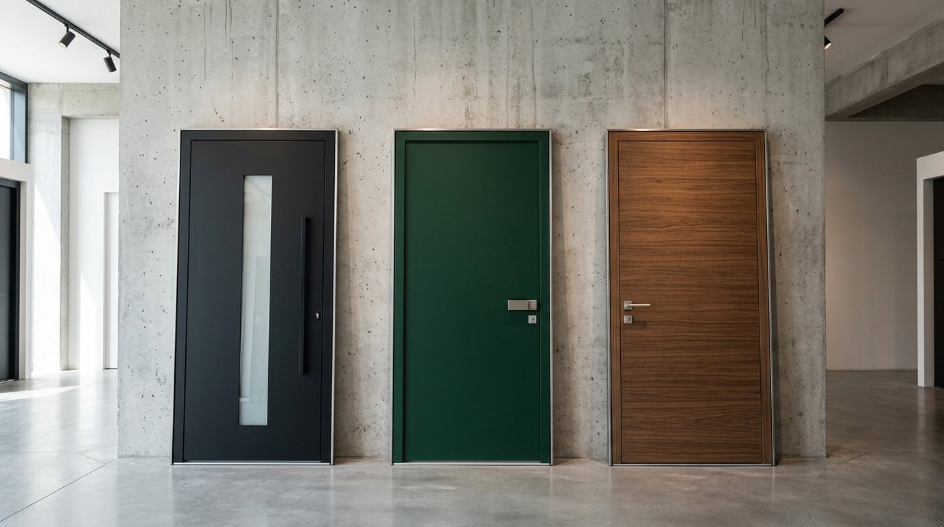 Three modern entry doors lined up in a showroom
