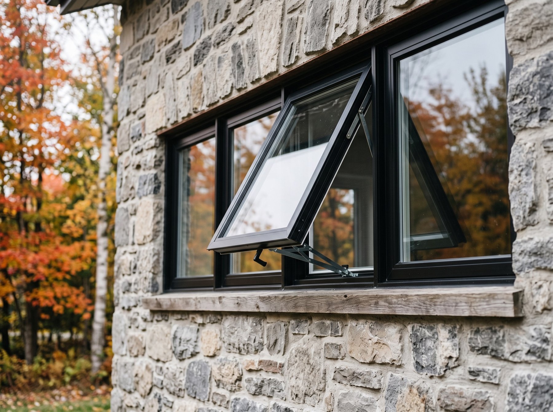 Black awning window open in ventilation position