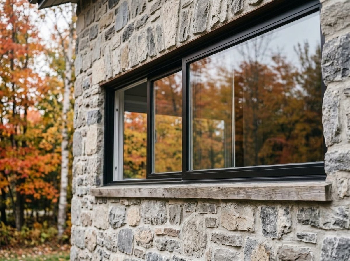 Black sliding window on charcoal-stained cedar cladding