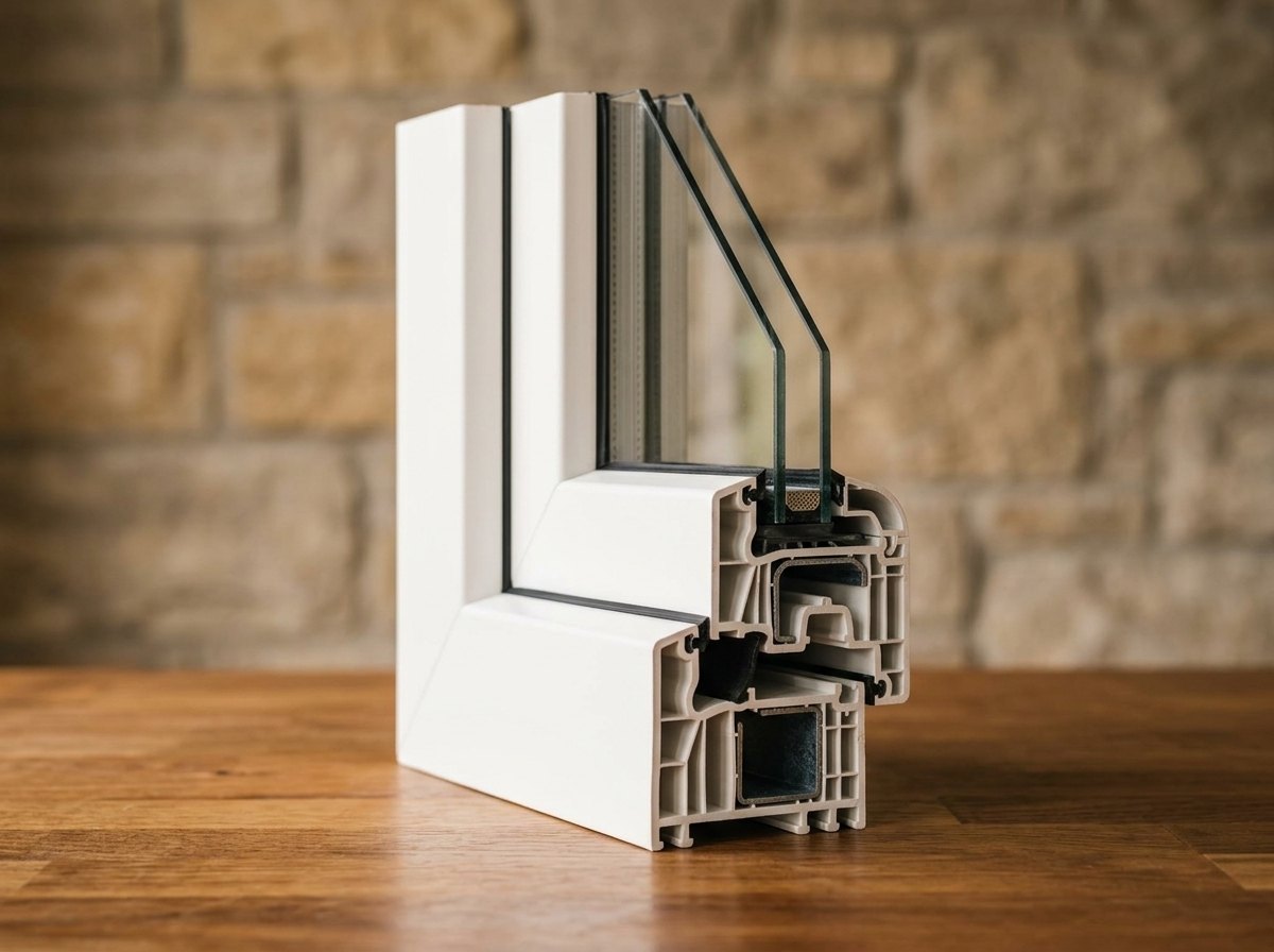 Cross-section of a uPVC frame: insulating chambers, steel reinforcement, triple-pane glazing