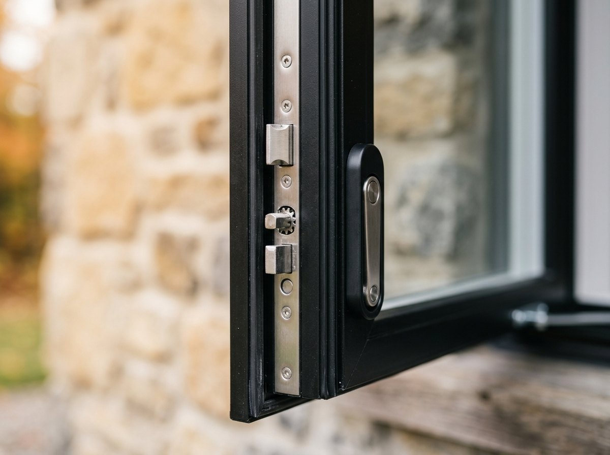 Multipoint locking and stainless hardware on a black casement sash