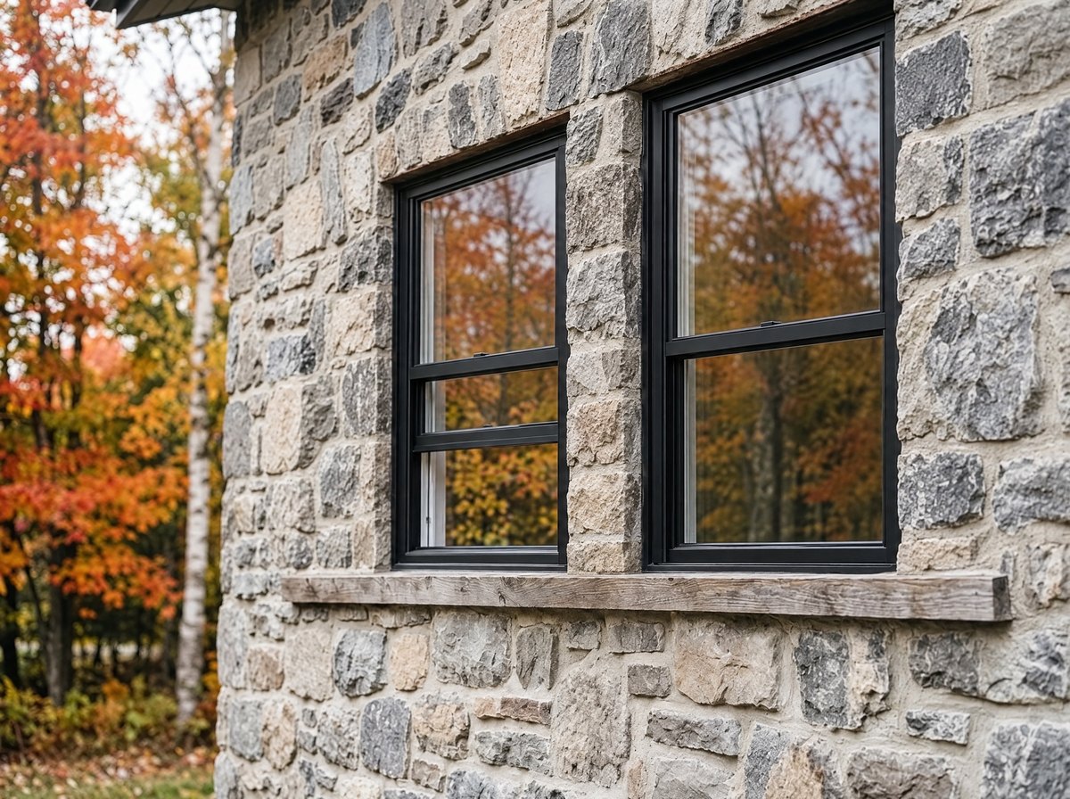 Two black double-hung windows on a brick wall, lower sash raised