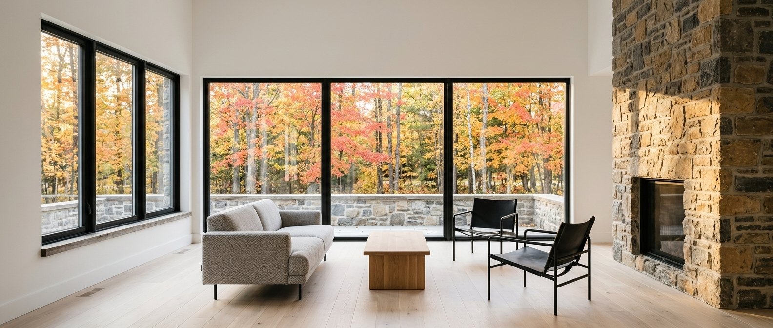 Black-framed picture window, seen from inside onto autumn maples