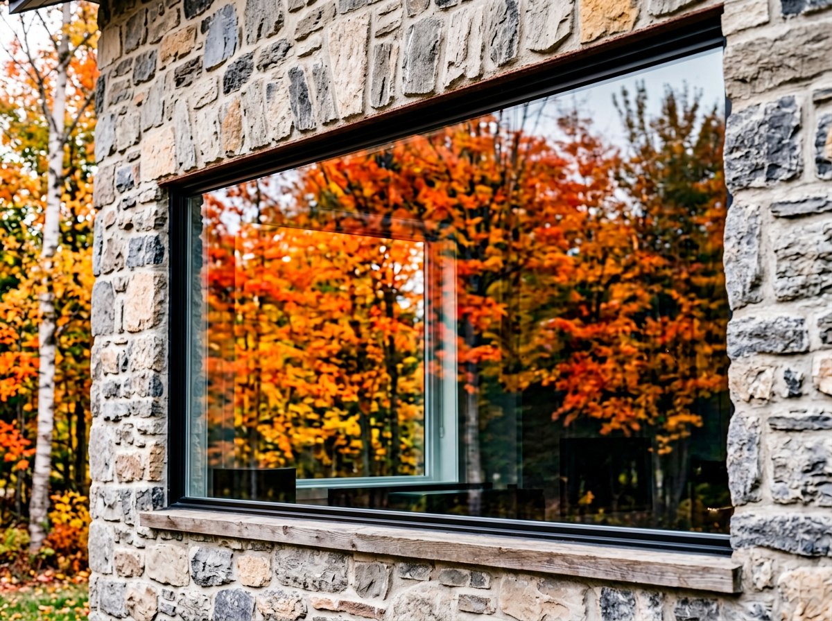 Black-framed picture window on a stone wall, mirroring the autumn maples