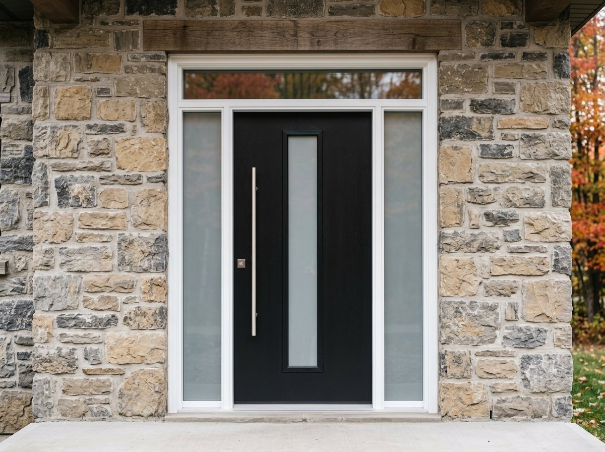 Custom black entry door with a sidelite, on a stone wall