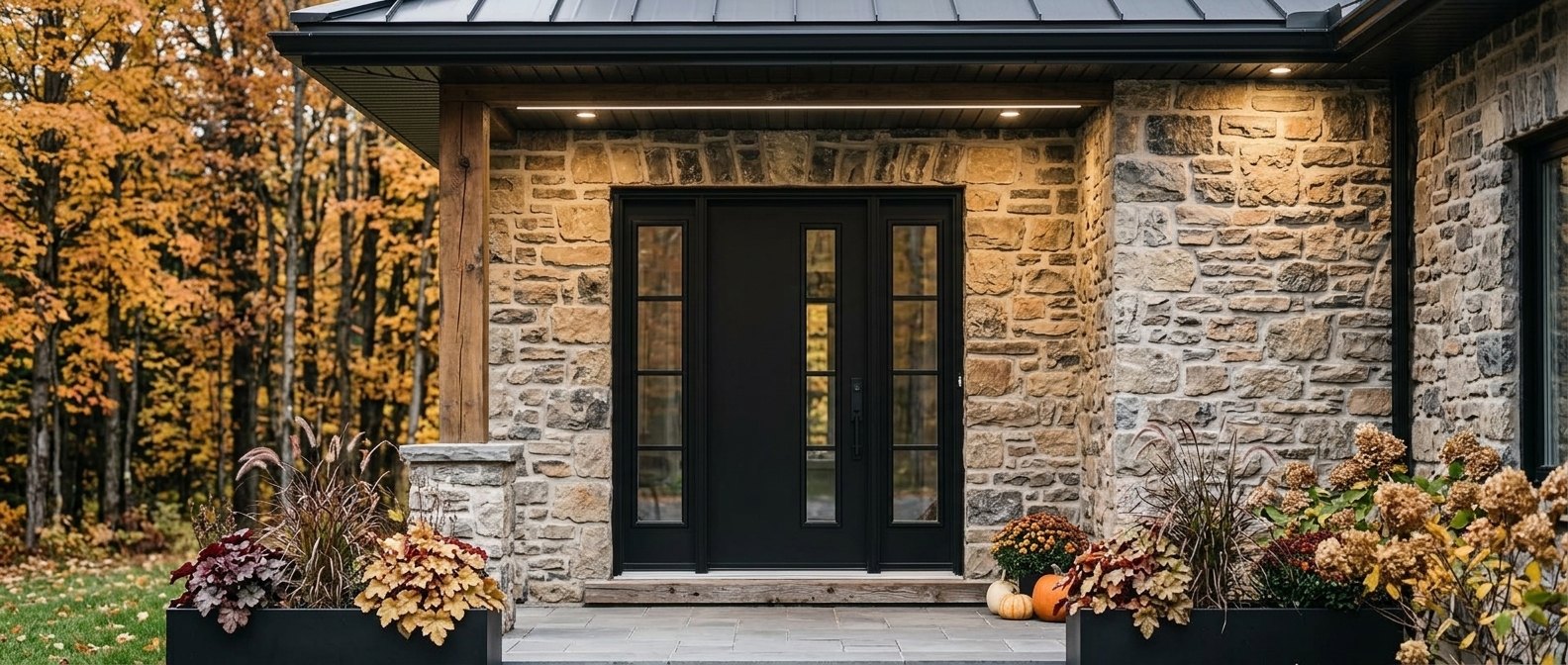 Entrance of a Québec home with a custom black door, in autumn