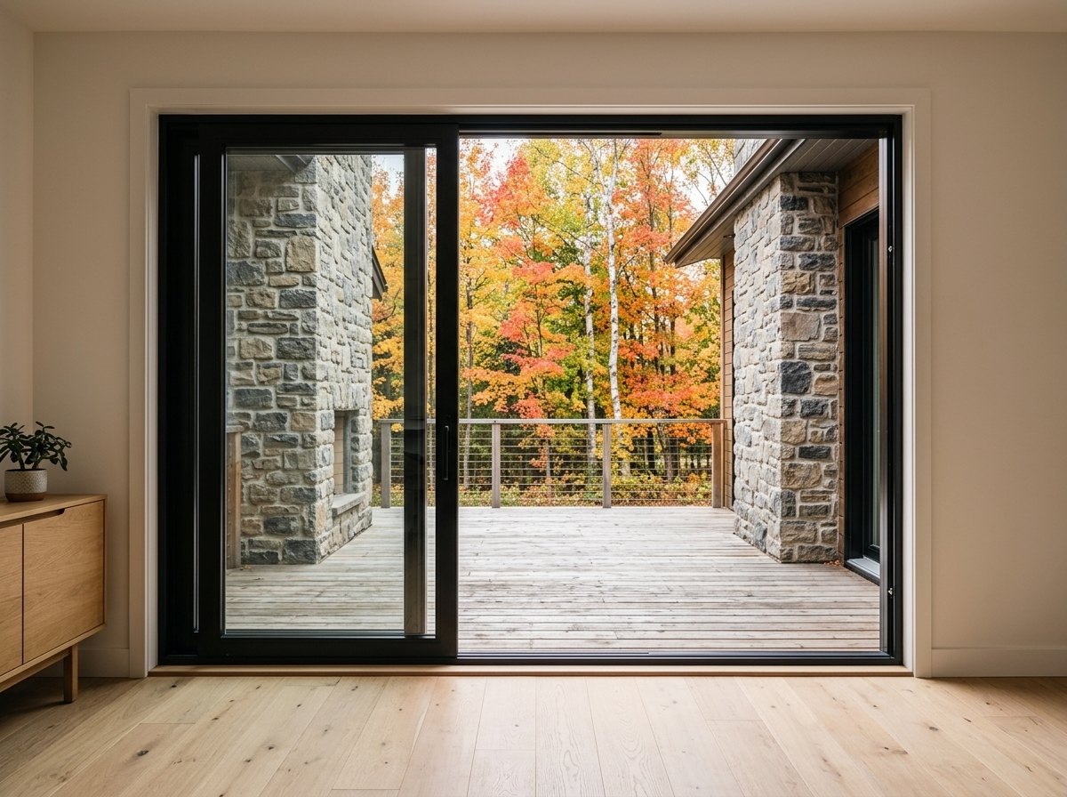 Black sliding patio door opening onto a cedar deck
